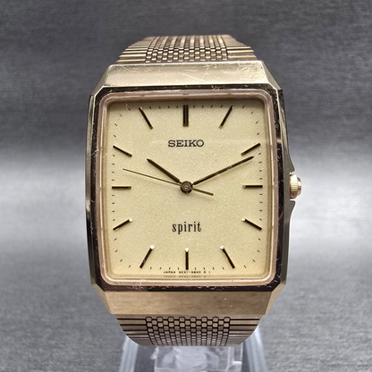 Seiko Spirit Watch Men 29mm Champagne Dial Gold Tone Rectangle 5E31-5A60 New Bat0