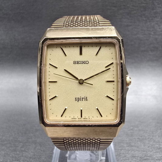 Seiko Spirit Watch Men 29mm Champagne Dial Gold Tone Rectangle 5E31-5A60 New Bat0