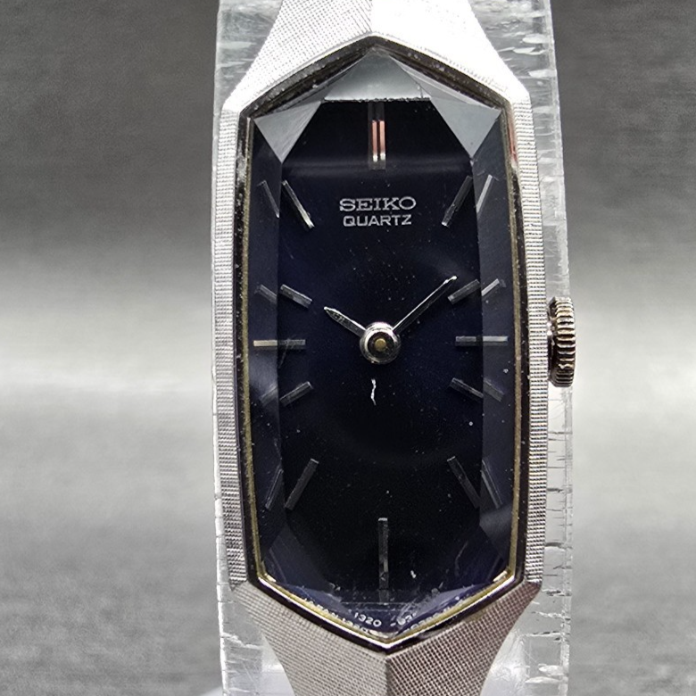 Seiko Watch Women 12mm Blue Dial Silver Tone Rectangle 1320-5339 New Battery JP31