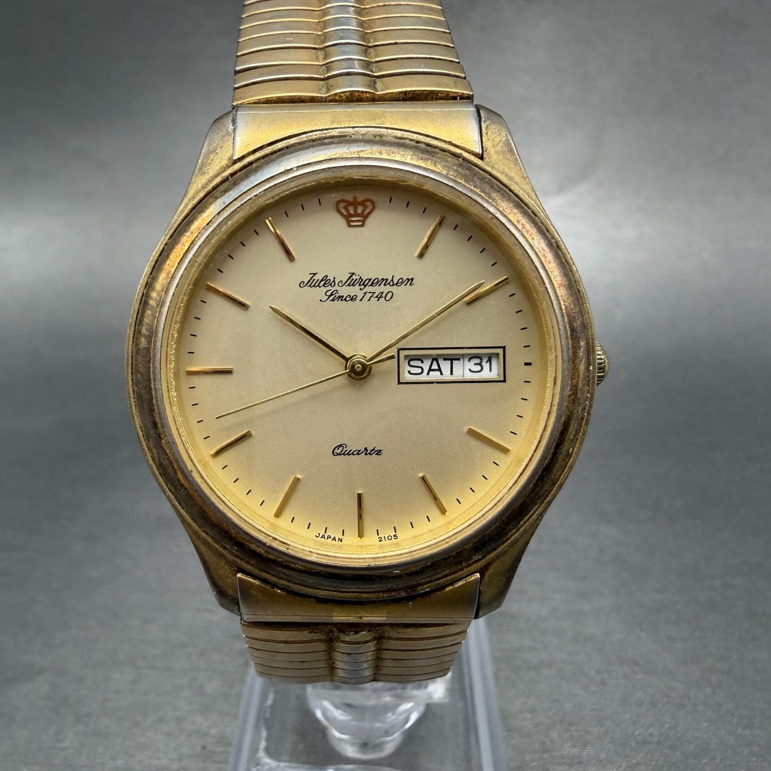 Jules Jurgenson Watch Men 35mm Champagne Dial Gold Tone Daydate Round New Batt0