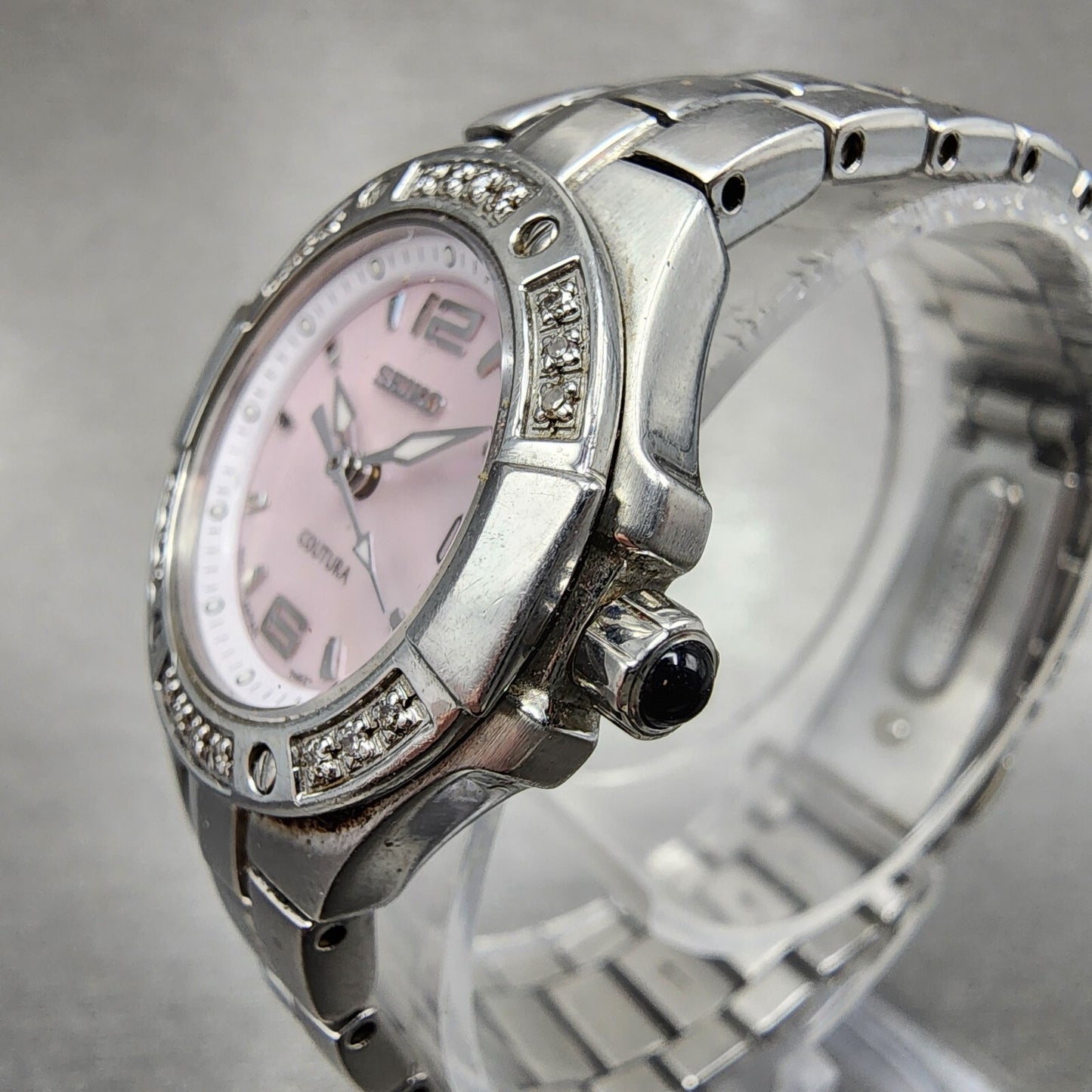Seiko Watch Women 27mm MOP Dial Steel Date Round Diamonds 7n820CG0 New Battery2