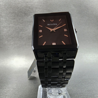 Bulova Quadra Watch Men 31mm Black Dial Black Tone Octagon 98D164 Bracelet