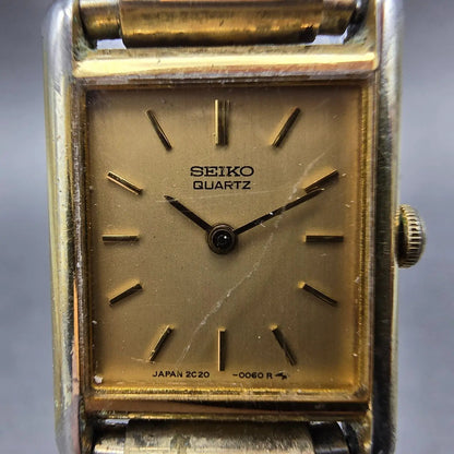 Seiko Tank Watch Women 18mm Champagne Dial Gold Tone 2C20-5010 New Battery VTG1