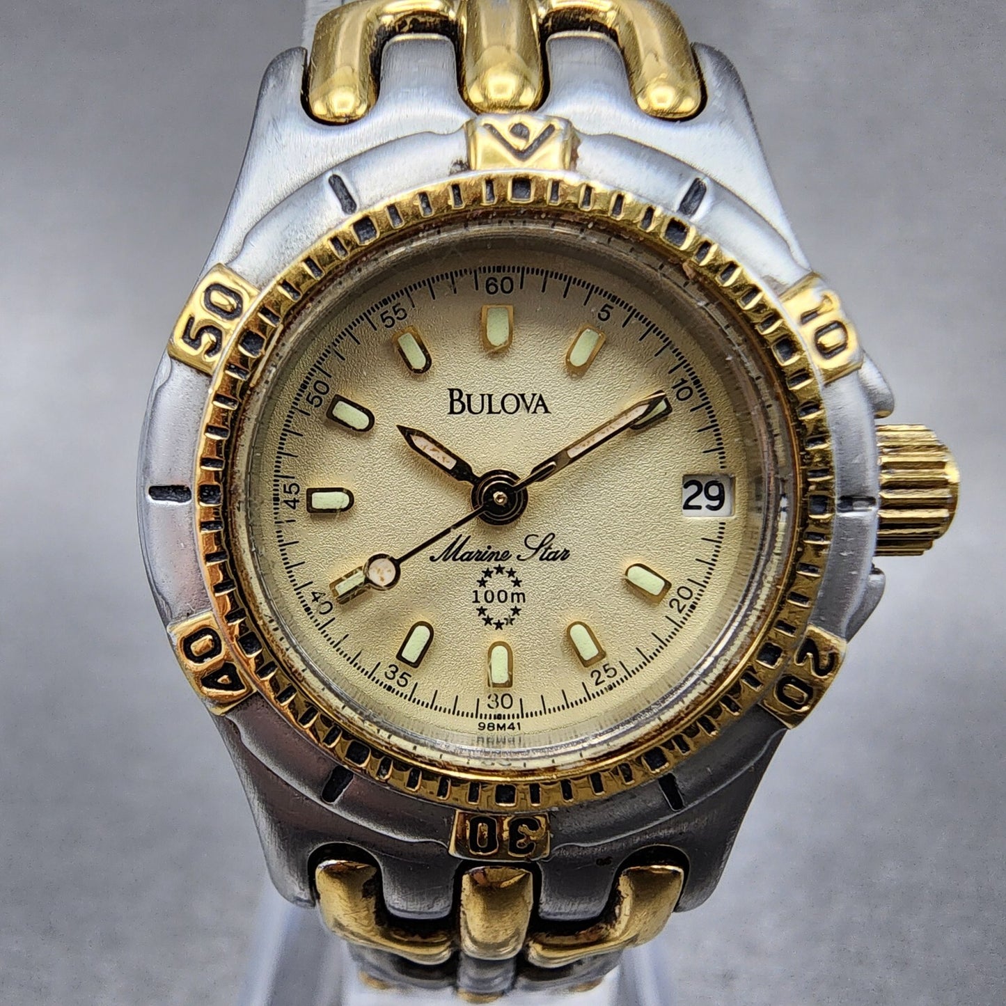 Bulova Marine Star Dive Watch Women 25mm Cream Dial Two Tone Date Round New batt1