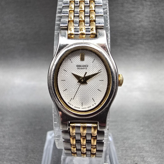 Seiko Watch Women 17mm Silver Dial Two Tone Oval V401-5228 New Battery Vintage0