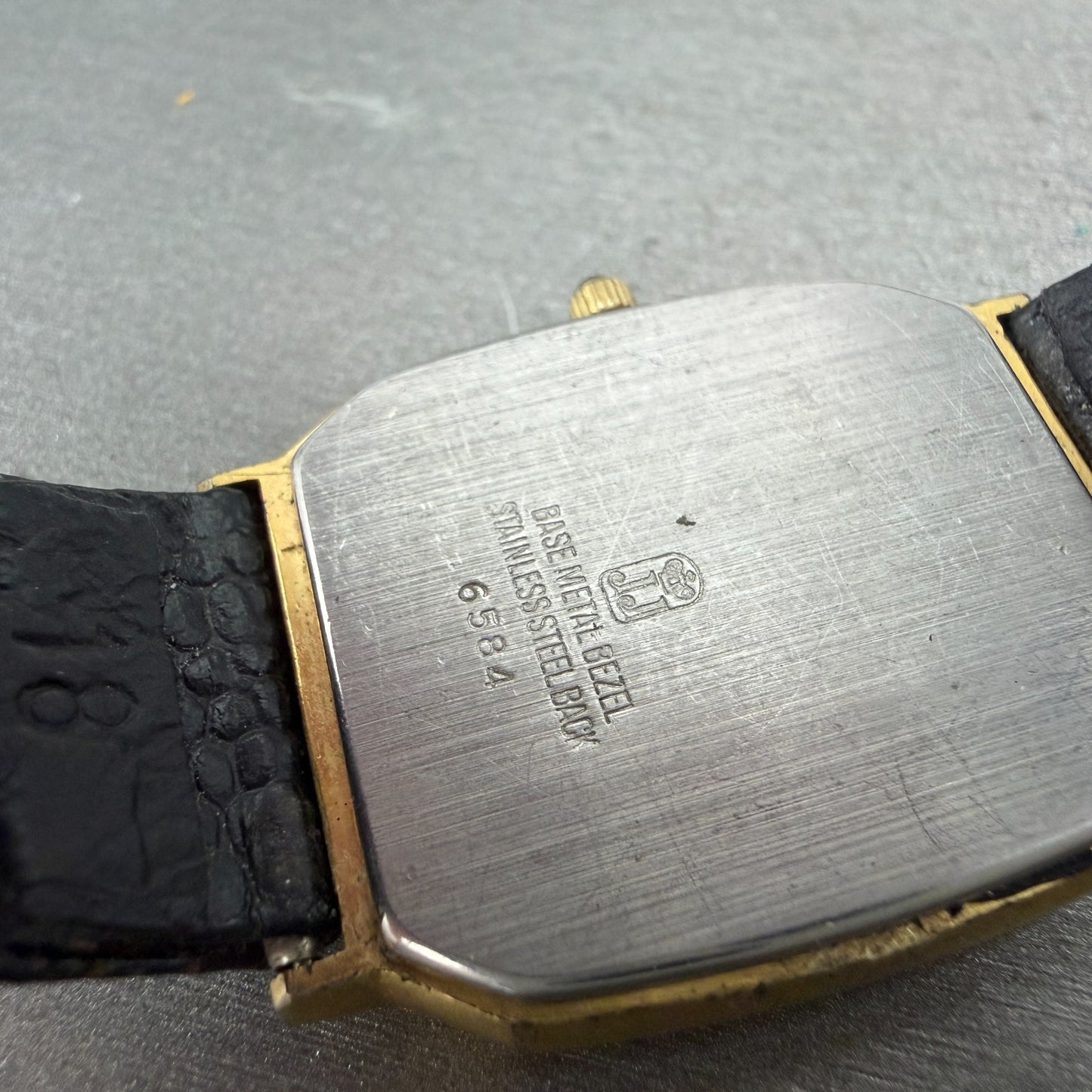 Jules Jurgenson Tank Watch Men 28mm Black Dial Gold Tone Date Rectangle PARTS10