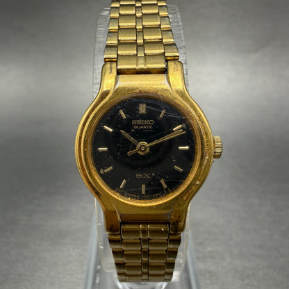 Seiko SX Watch Women 19mm Black Dial Gold Tone Round V401-0091 New Battery HE60