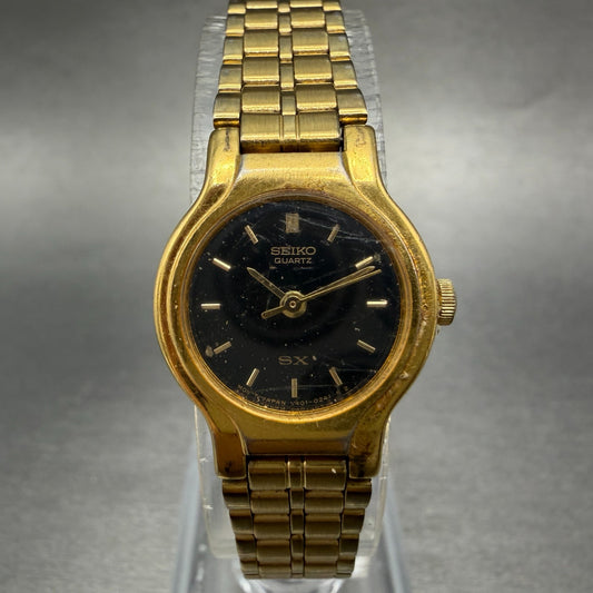 Seiko SX Watch Women 19mm Black Dial Gold Tone Round V401-0091 New Battery HE60
