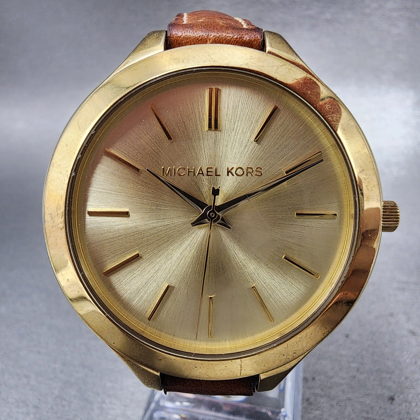 Michael Kors Slim Runway Watch Women 42mm Gold Dial Gold Tone Round New Battery1