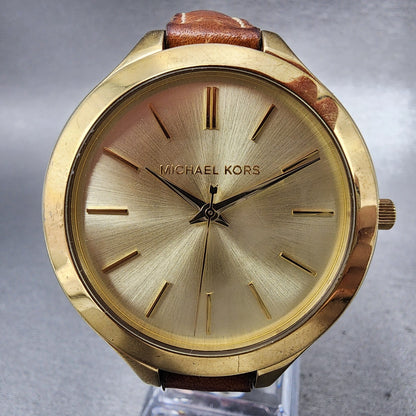 Michael Kors Slim Runway Watch Women 42mm Gold Dial Gold Tone Round New Battery1