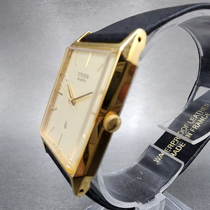 Citizen CQ Tank Watch Women Men 25mm Gold Dial Gold Tone Rectangle New Battery2