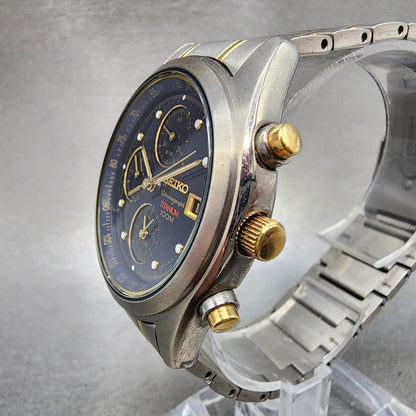 Seiko Chronograph Watch Men 38mm Blue Dial Titanium Date Alarm 7T620FD0 PARTS3