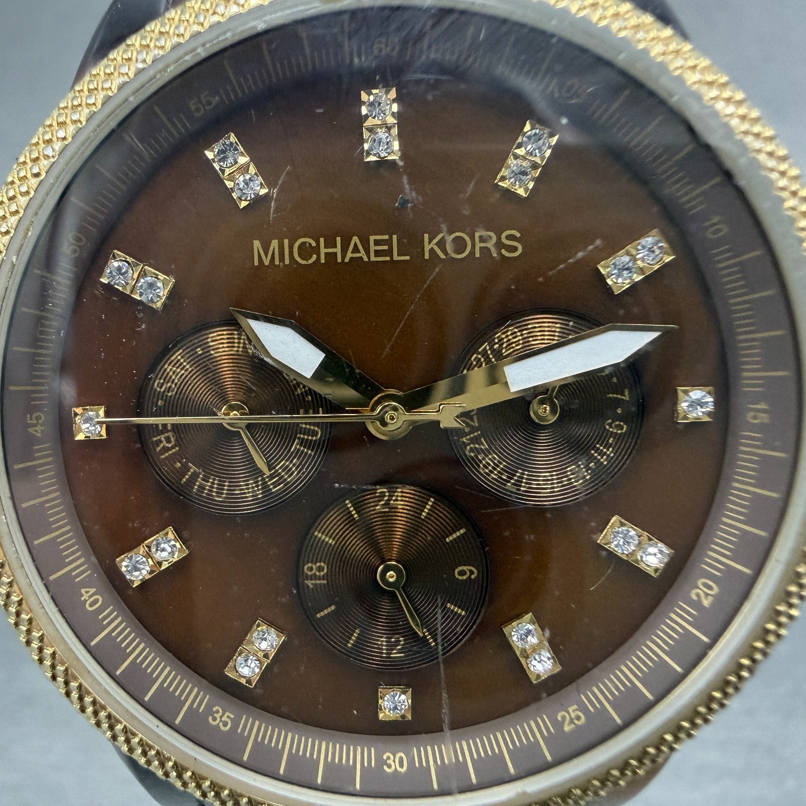 Michael Kors Watch Women 37mm Brown Dial Gold Tone Tortas Daydate New Battery 7T1