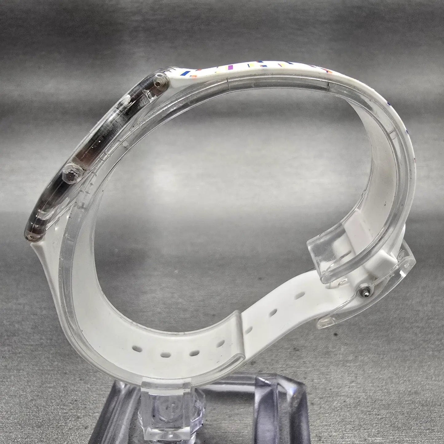 Swatch THIN LINER Watch Men Silver Dial Clear Case Round SFE108 New Battery6