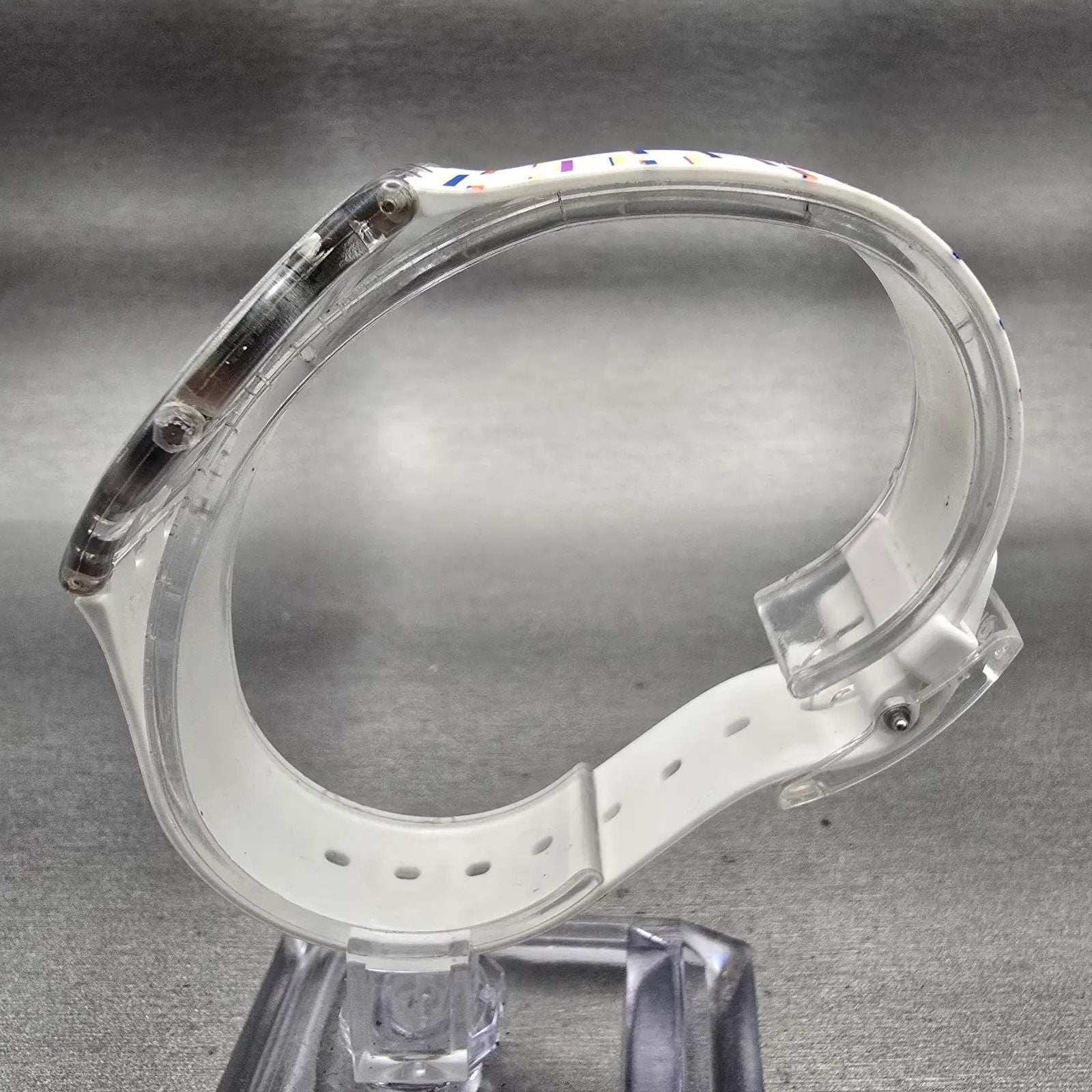 Swatch THIN LINER Watch Men Silver Dial Clear Case Round SFE108 New Battery6