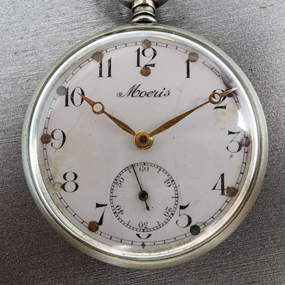 Moeris Pocket Watch Men 43mm White Dial Steel Manual Wind READ!!! Vintage