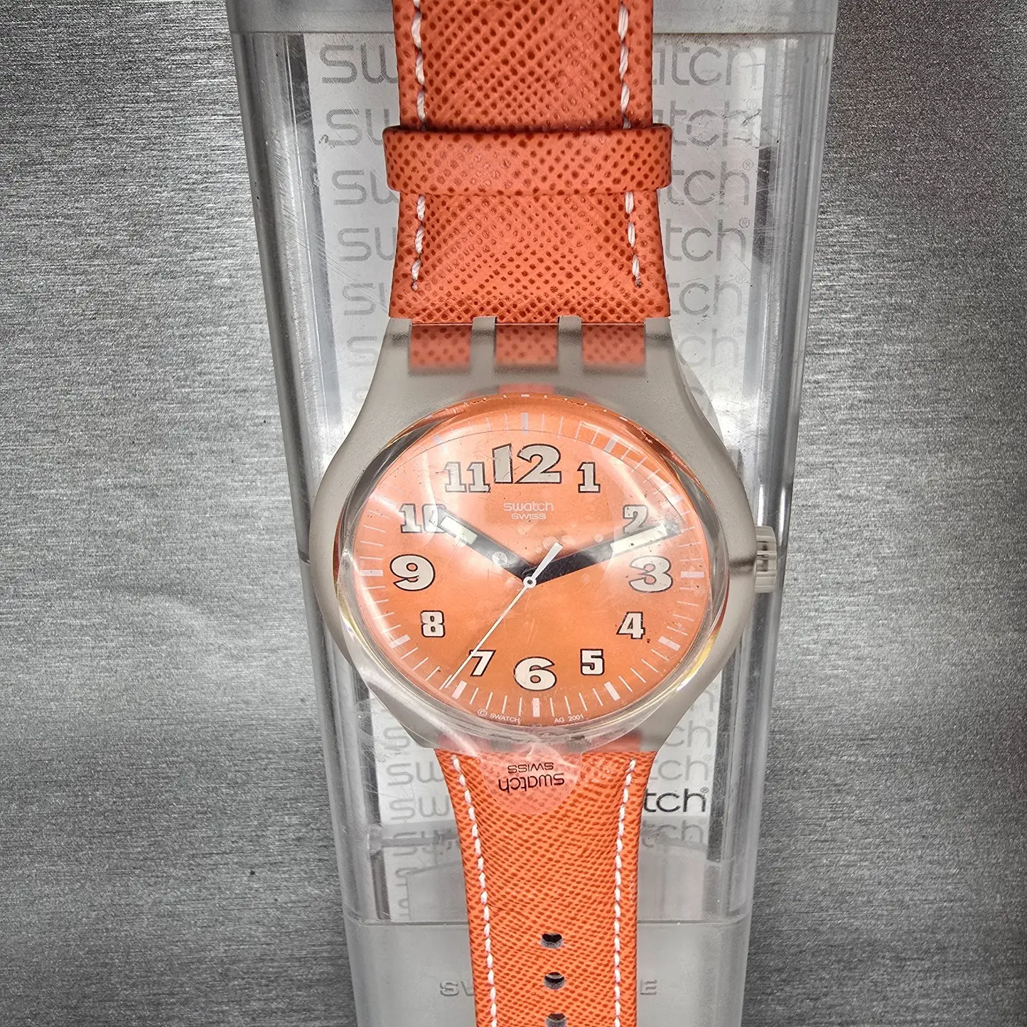Swatch Squeezed Pumpkin Watch Men 44mm Orange Dial Clear Case SUDK102 New Batt4