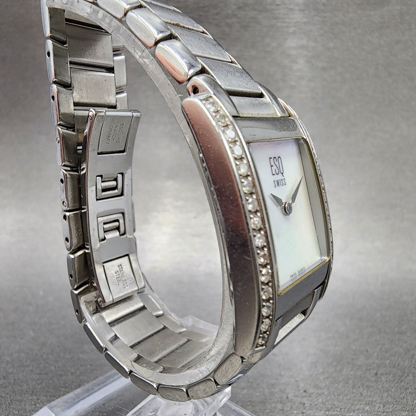 ESQ Tank Watch Women 21mm MOP Dial Silver Tone Diamond Bezel E5093 New Battery3