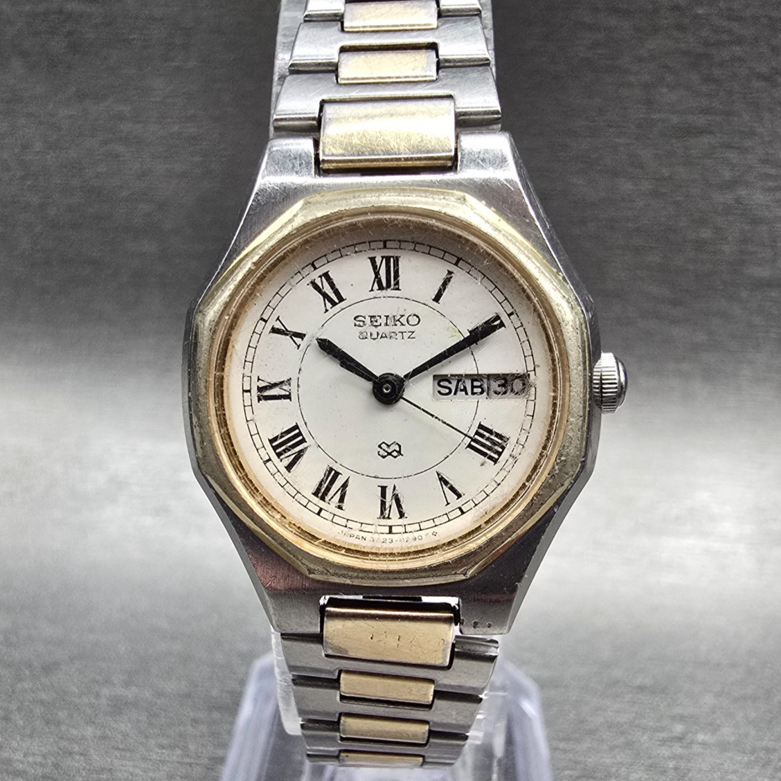 Seiko SQ Watch Women 24mm White Dial Two Tone Daydate Round 5423-0140 New Batt0