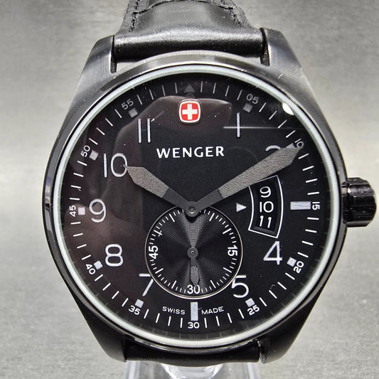 Wenger Watch Men 42mm Black Dial Black Tone Date Round 72475 New Battery0