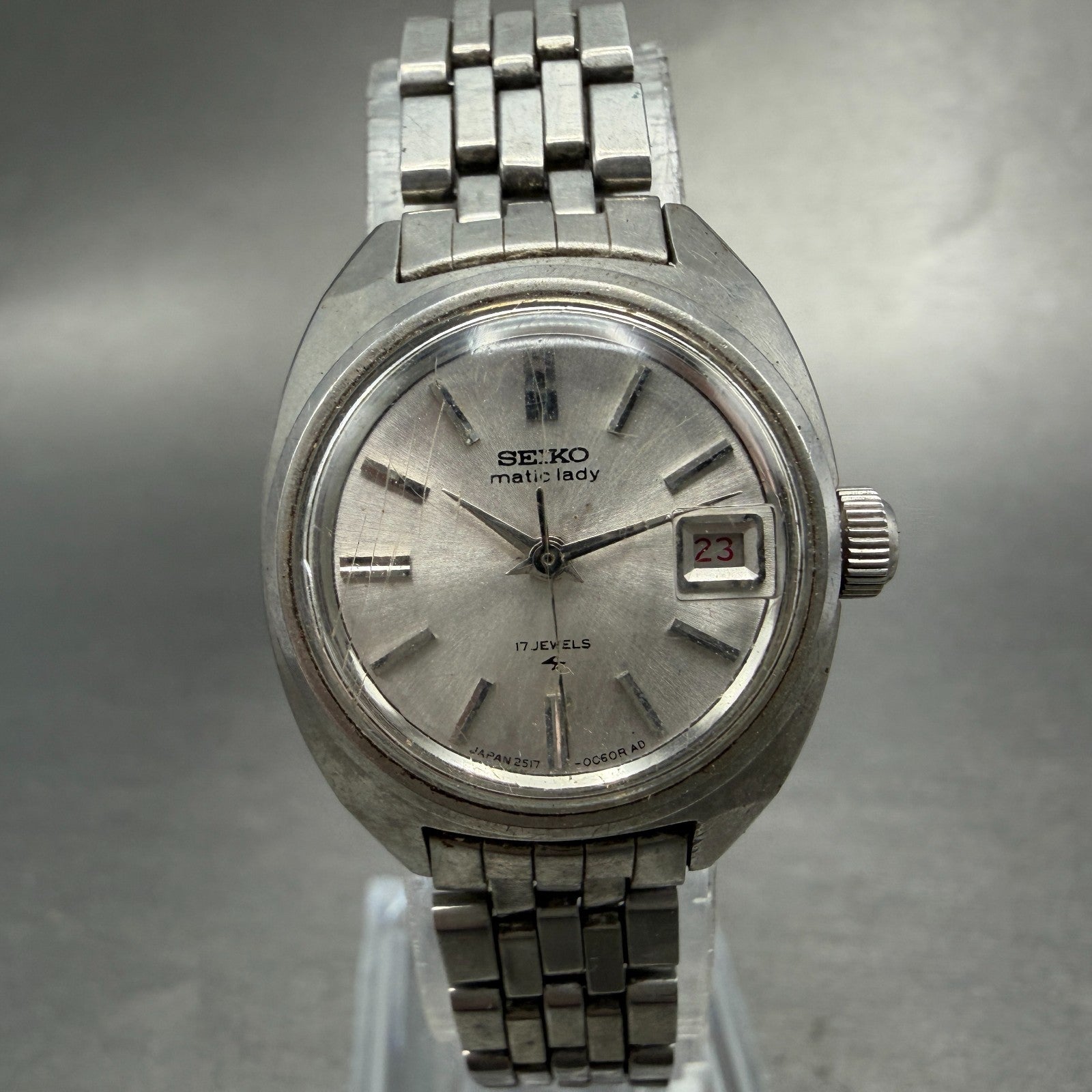 Seiko Maticlady Watch Women 23mm Silver Dial Silver Tone Date 2517-0211 Runs0