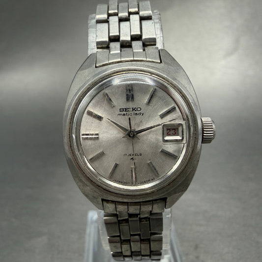 Seiko Maticlady Watch Women 23mm Silver Dial Silver Tone Date 2517-0211 Runs0