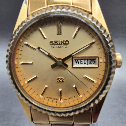 Seiko SQ Watch Women 24mm Gold Dial Gold Tone Daydate Round 3E23-0A60 New Batt1