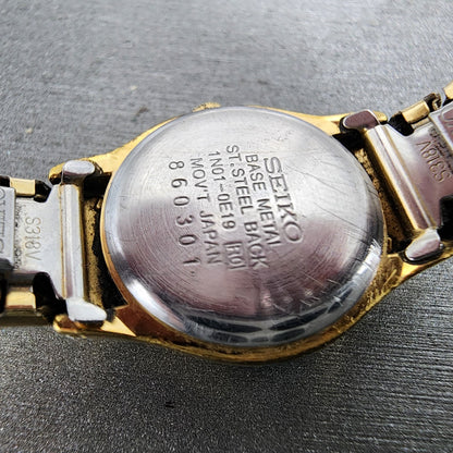 VTG Seiko Watch Women 20mm Gold Dial Gold Tone Round 1N01-0E19 New Battery