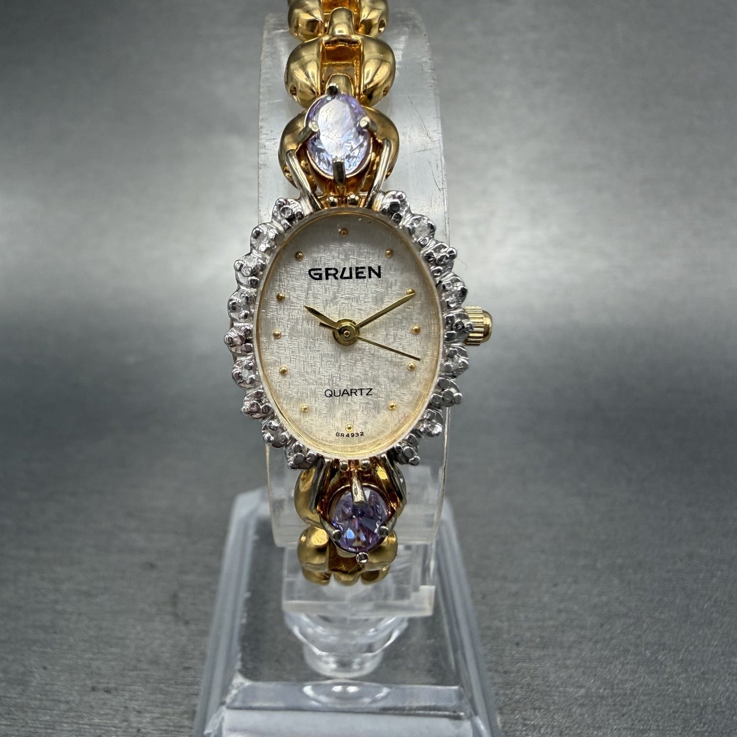 Gruen Watch Women 18mm White Dial Gold Tone Oval Pink Gem Stones New Battery ABC0