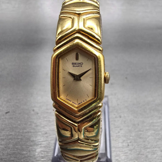 Seiko Watch Women 15mm Champagne Dial Gold Tone Rectangle 4N00-5939 New Battery0