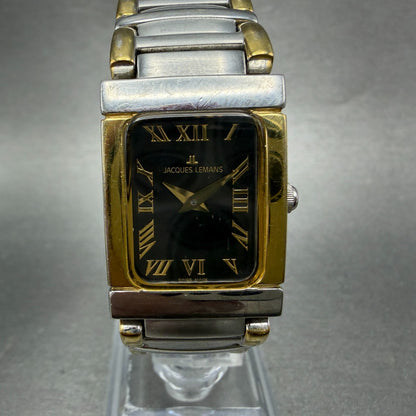 Jacques Lemans Tank Watch Women 20mm Black Dial Two Tone Rectangle New Battery0