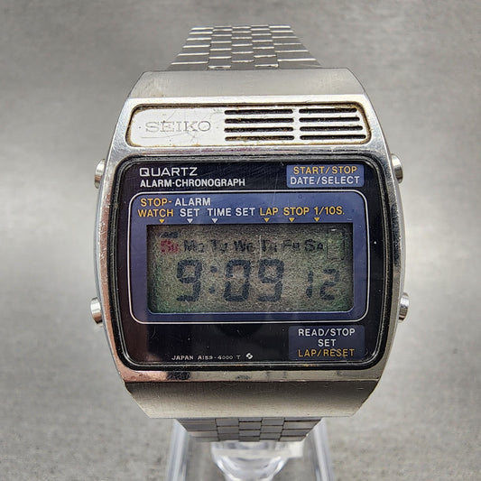 Seiko Digital Watch Men 34mm LCD Silver Tone Alarm Chrono A1594000 READ New Bat0