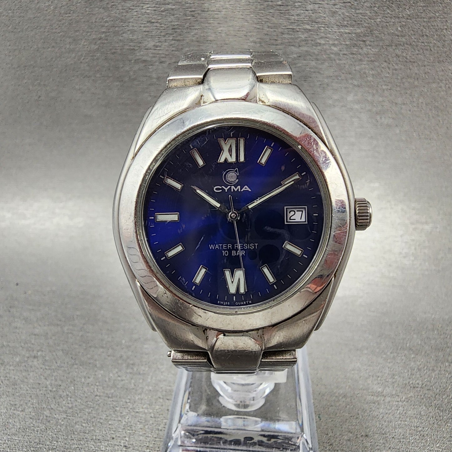 Cyma Watch Men 37mm Blue Dial Stainless Steel Date Round New Battery0