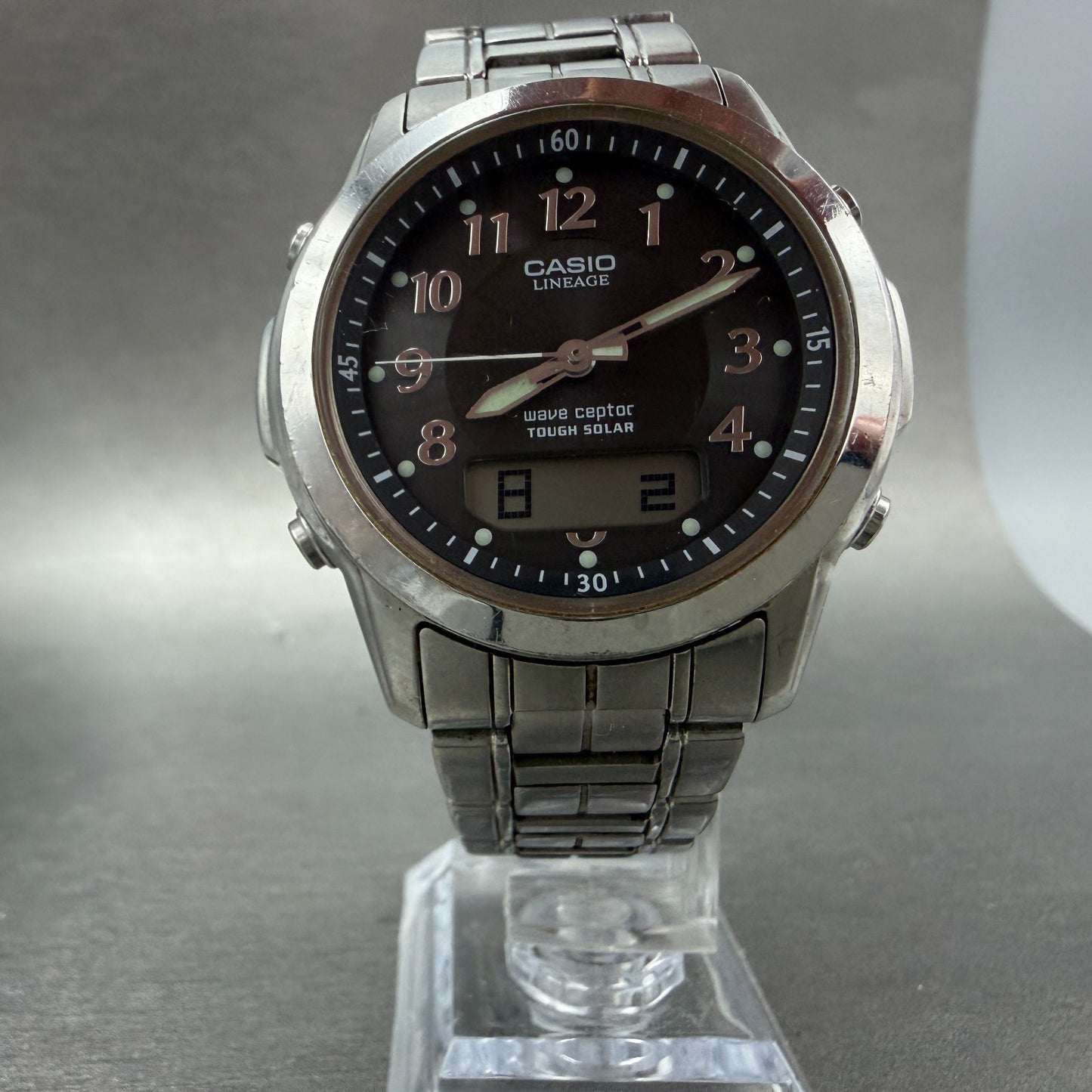 Casio Lineage Watch Men 41mm Black Dial Silver Tone Analog Digital Solar Runs5