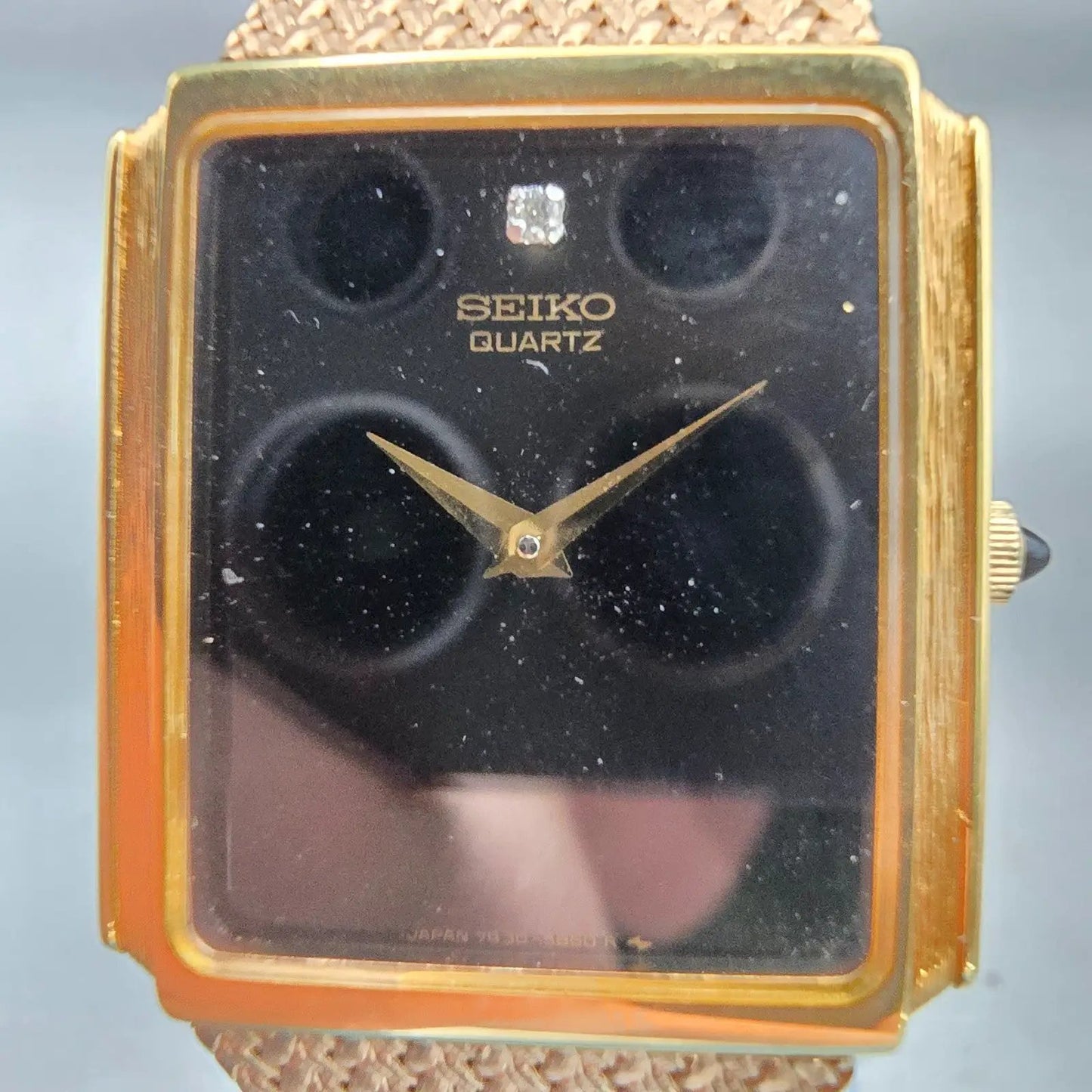 Seiko Watch Men 25mm Black Dial Gold Tone Rectangle 7430-5499 New Battery VTG1