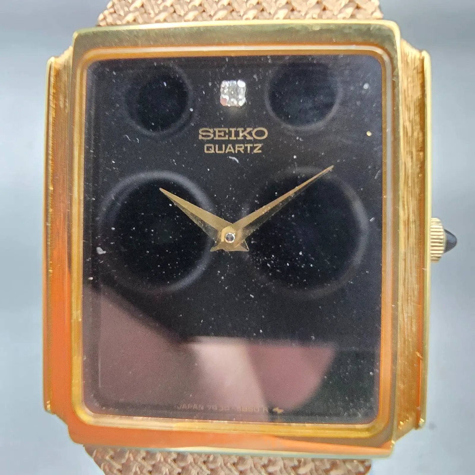 Seiko Watch Men 25mm Black Dial Gold Tone Rectangle 7430-5499 New Battery VTG1