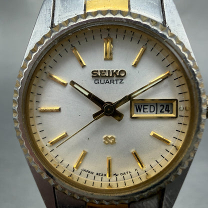 Seiko Watch Women 24mm White Dial Two Tone Daydate Round 3E23-0A69 New Batt HN71