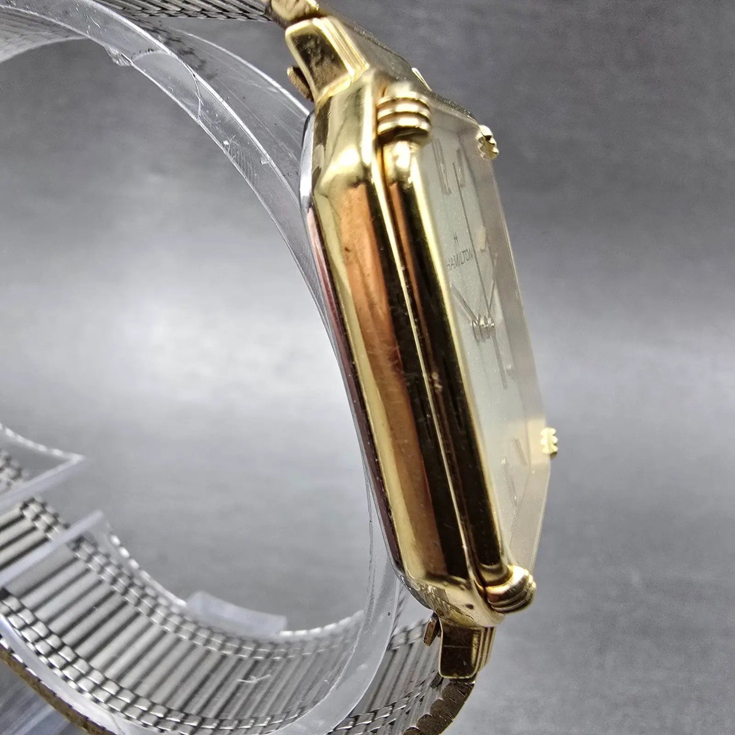 Hamilton Watch Men 28mm Gold Dial Gold Tone Date Rectangle 8000 New Battery3