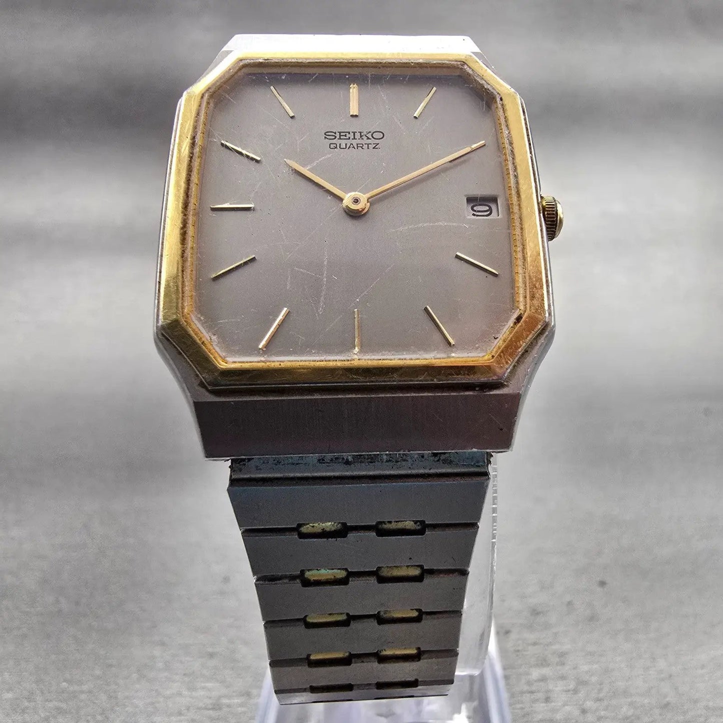 Seiko Watch Men 28mm Silver Dial Two Tone Date Rectangle 6539-5020 New Battery5