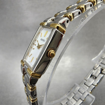 Seiko Tank Watch Women 13mm White Dial Two Tone Rectangle V2200AB0 New Battery2
