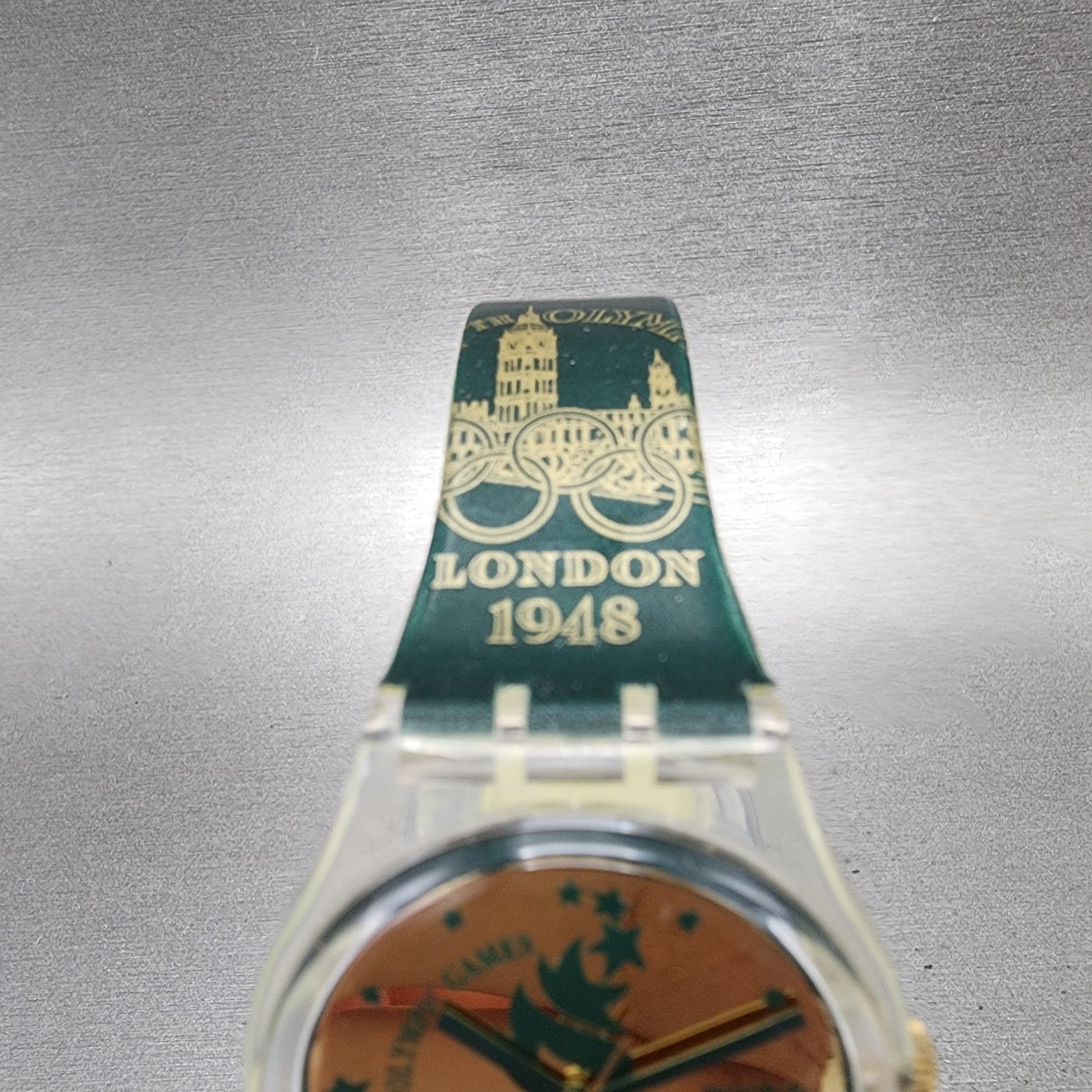 Swatch Olympics 1996 Watch Men 34mm Gold Dial Clear Round GZ136 New Battery4