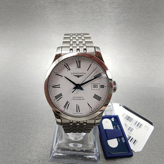 Longines Record Automatic Watch Women 30mm White Dial Steel Date Chronometer