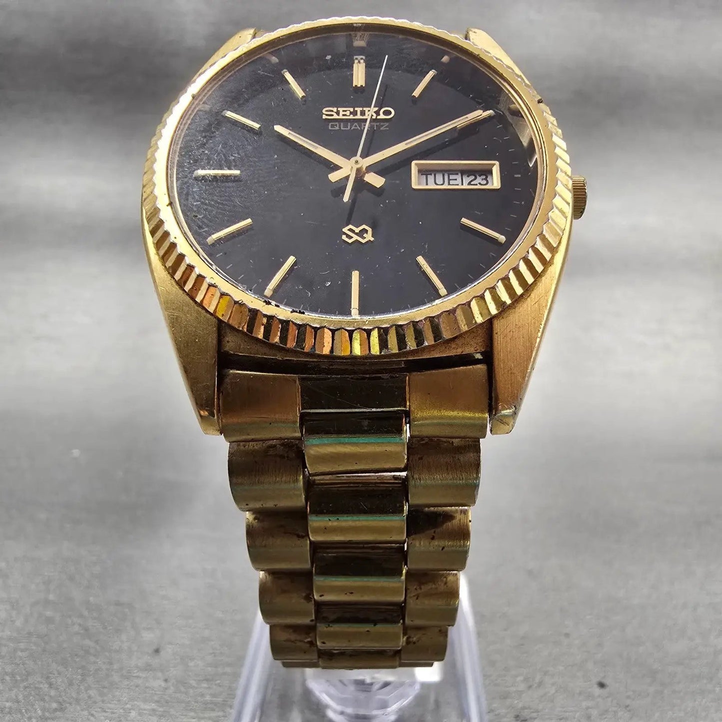 Seiko President Watch Men 36mm Black Dial Gold Tone Daydate 5Y23-8A60 New Batt5