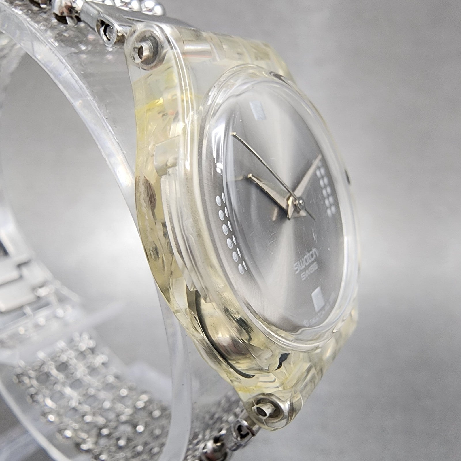 Swatch Silver Fall Watch Women 25mm Silver Dial Clear Case Round LW130 New Batt3