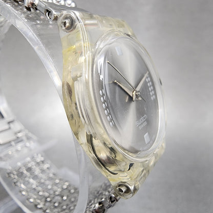 Swatch Silver Fall Watch Women 25mm Silver Dial Clear Case Round LW130 New Batt3