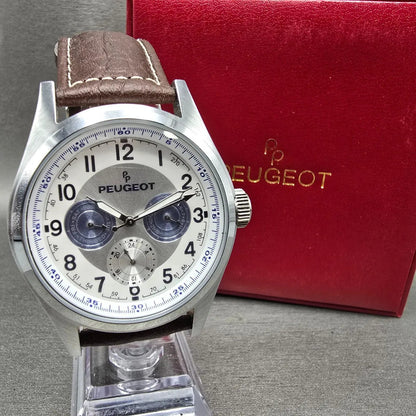 Peugeot Watch Men 42mm White Dial Silver Round Daydate 2028 New Battery0