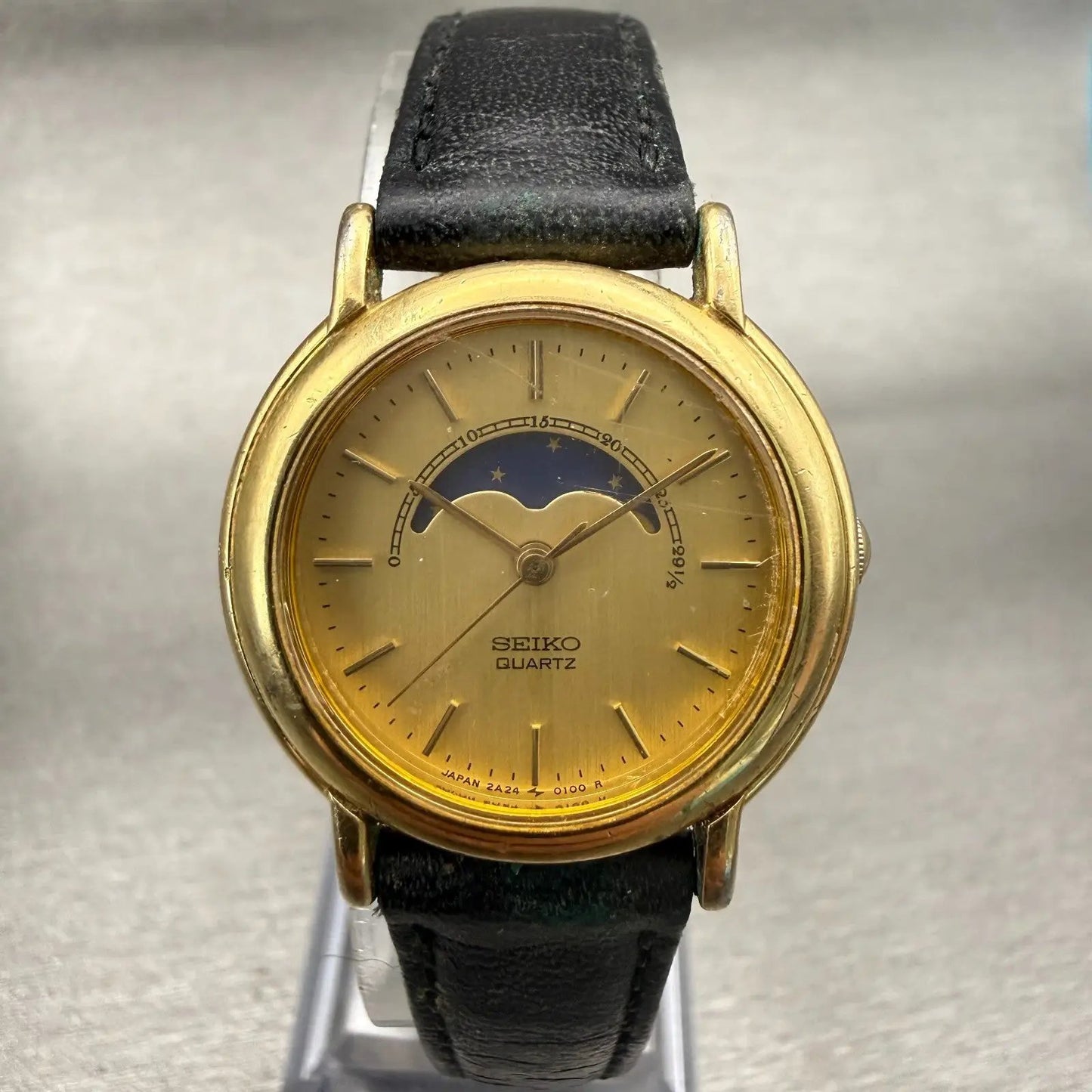 Seiko Moon Phase Watch Men 26mm Gold Dial Gold Tone Round 2A24-0090 New Battery0