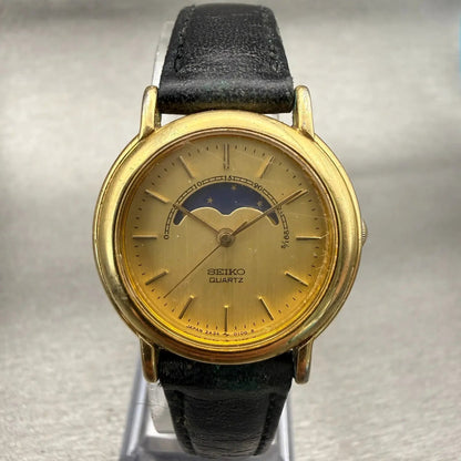 Seiko Moon Phase Watch Men 26mm Gold Dial Gold Tone Round 2A24-0090 New Battery0