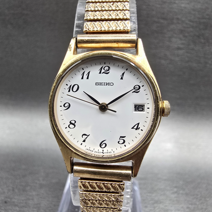 Seiko Watch Women 22mm White Dial Gold Tone Date Round 2A22-0200 New Battery0