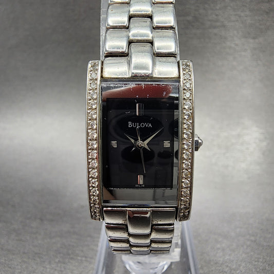 Bulova Tank Watch Women 18mm Black Dial Steel Crystals Rectangle New Battery